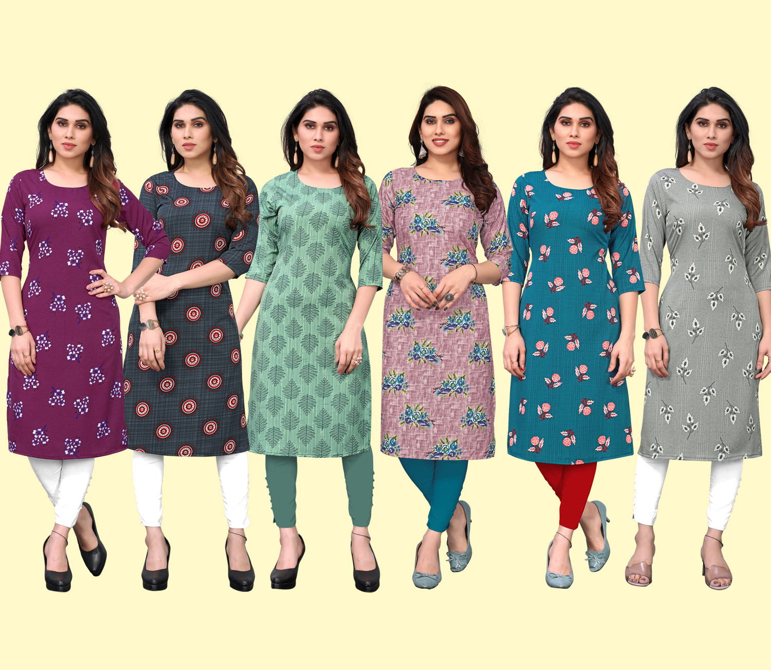 Image of KETAKI FASHION Pack of 6 Printed Polyester Straight Kurta for Women (Multicolor)