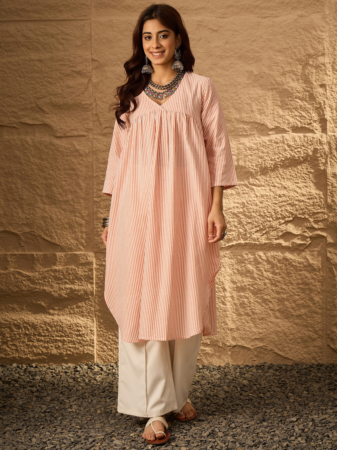 Image of InWeave Striped Pure Cotton Straight Kurta for Women (Blue)