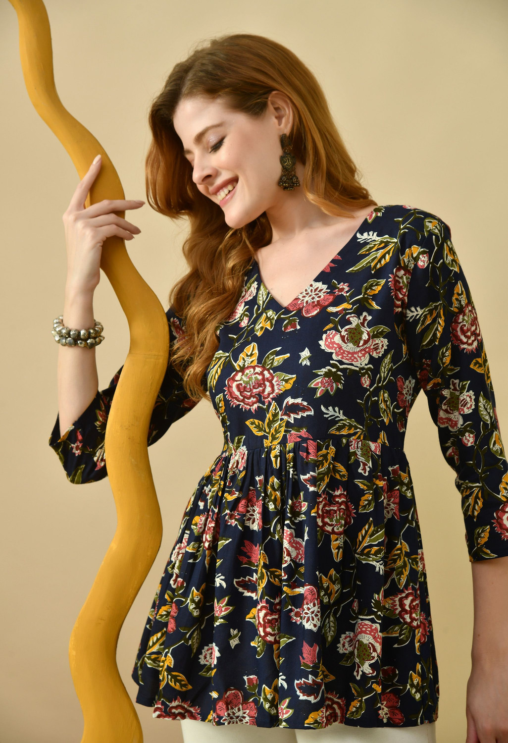 Image of Mialo fashion Floral Print Viscose Rayon Flared Kurta for Women (Yellow)