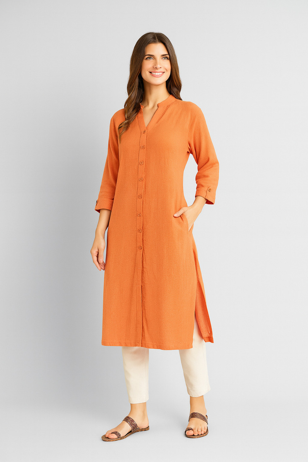 Image of ABC Solid Pure Cotton Straight Kurta for Women (Orange)