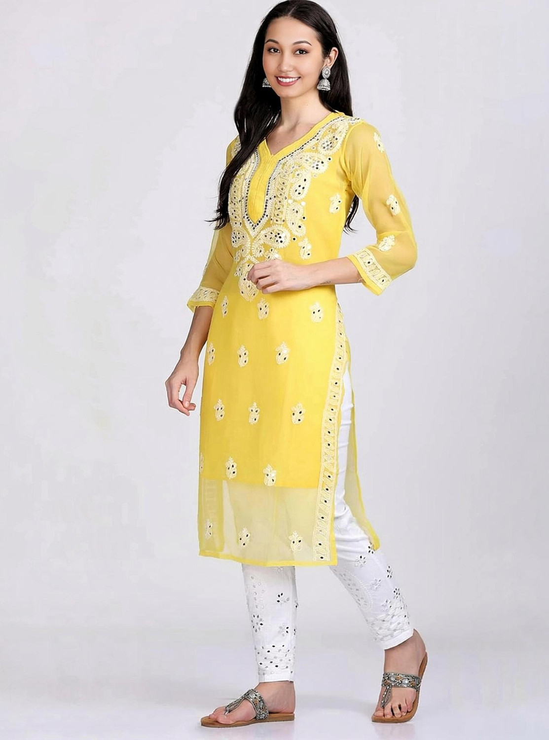 Image of ElegantFashion Chikan Embroidery Georgette A-line Kurta for Women (Yellow)