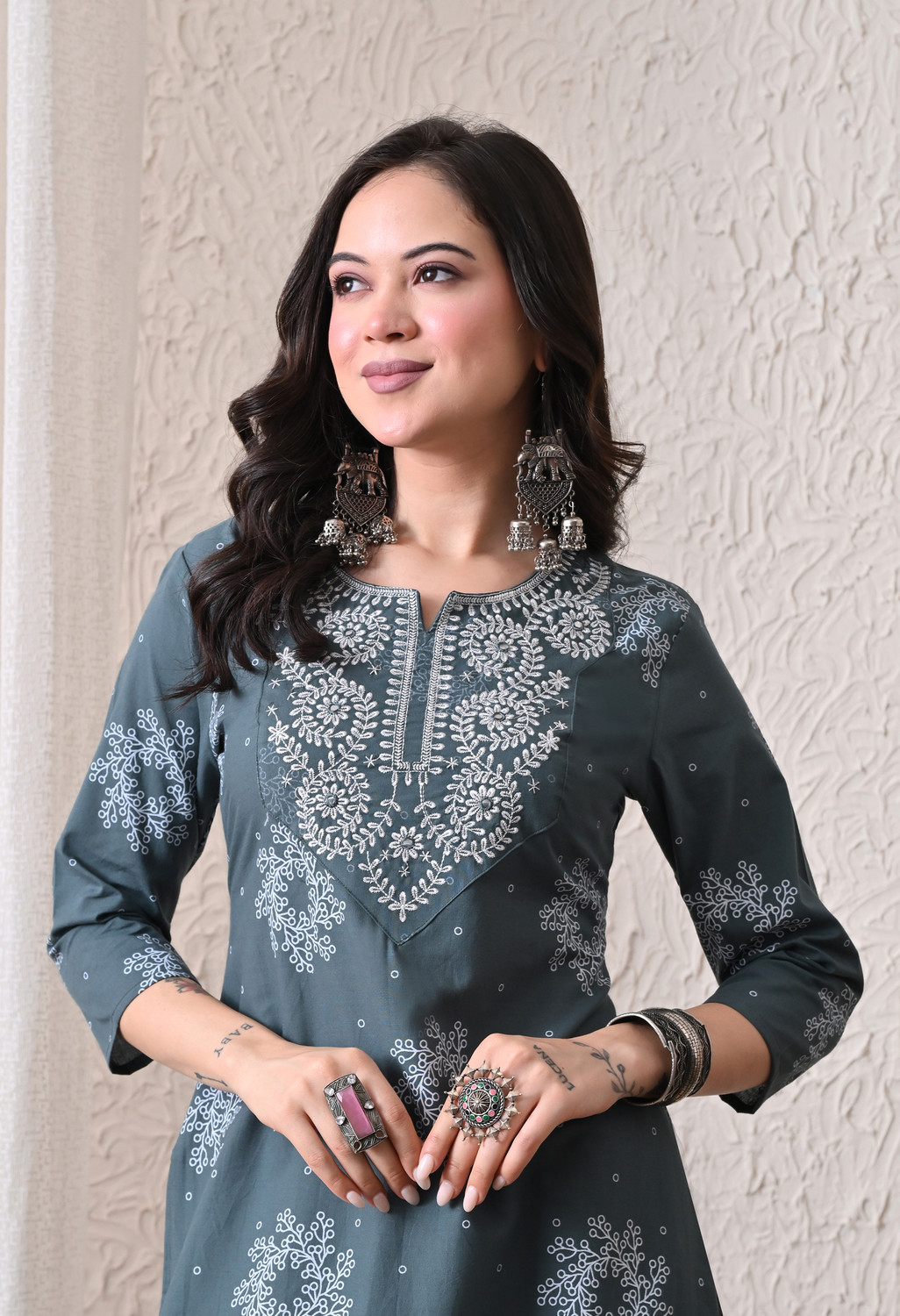 Image of KJFAB Printed Pure Cotton Straight Kurta for Women (Black)
