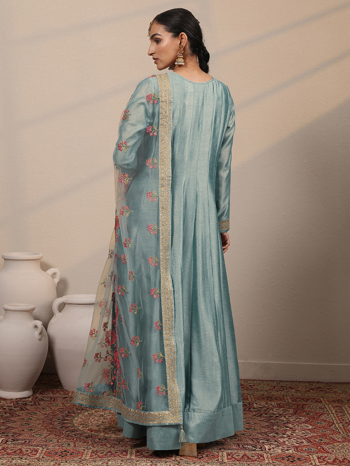 Image of LIBAS Embroidered Silk Blend A-line Kurta for Women With Attached Dupatta (Blue)