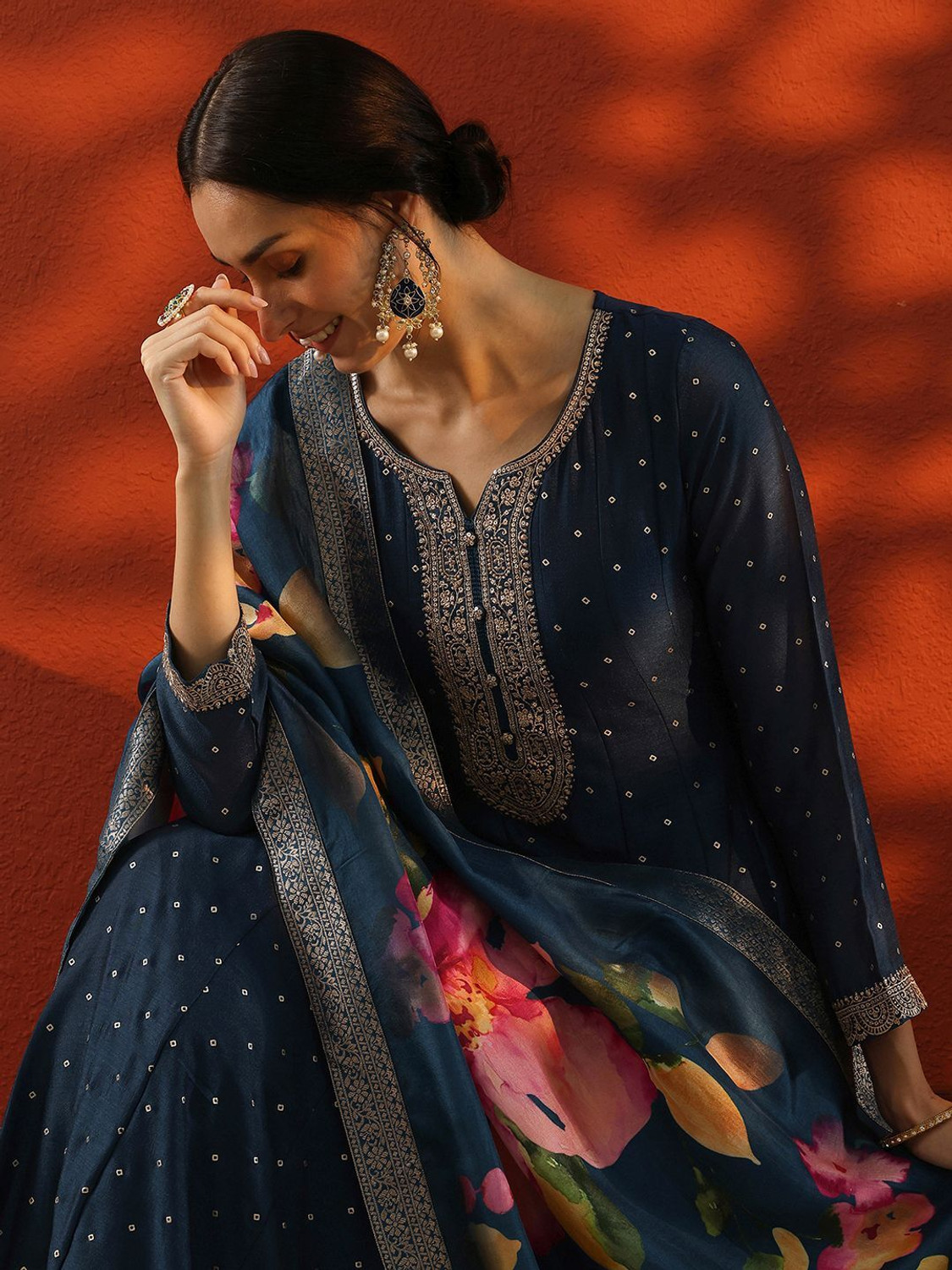 Image of LIBAS Embellished Silk Blend A-line Kurta for Women (Blue)