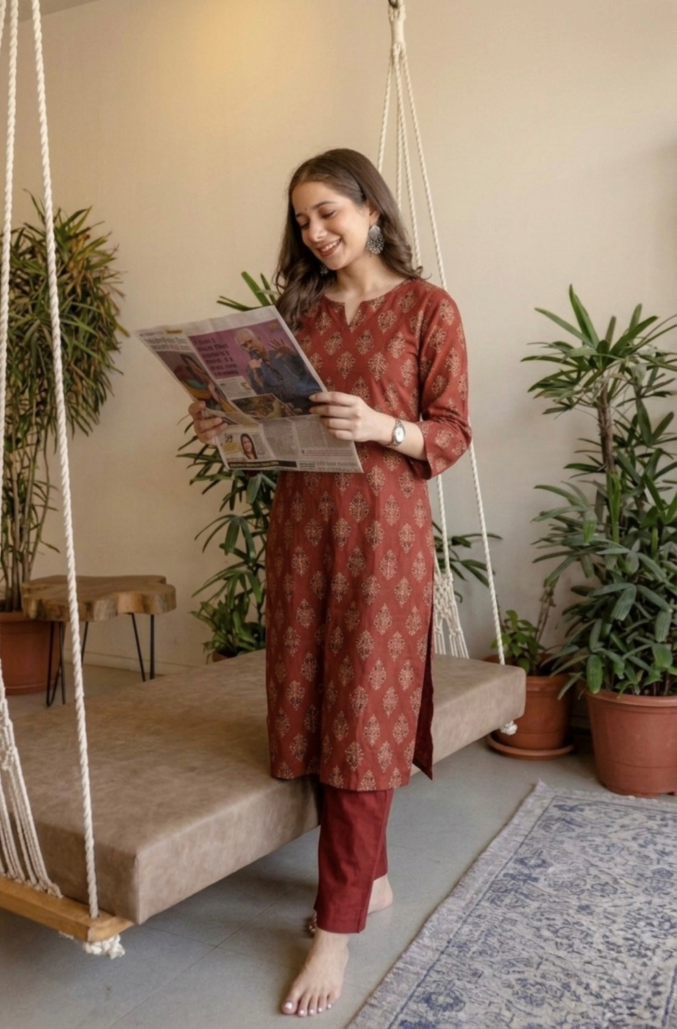 Image of Surhi Pack of 2 Printed Pure Cotton Straight Kurta for Women (Maroon)
