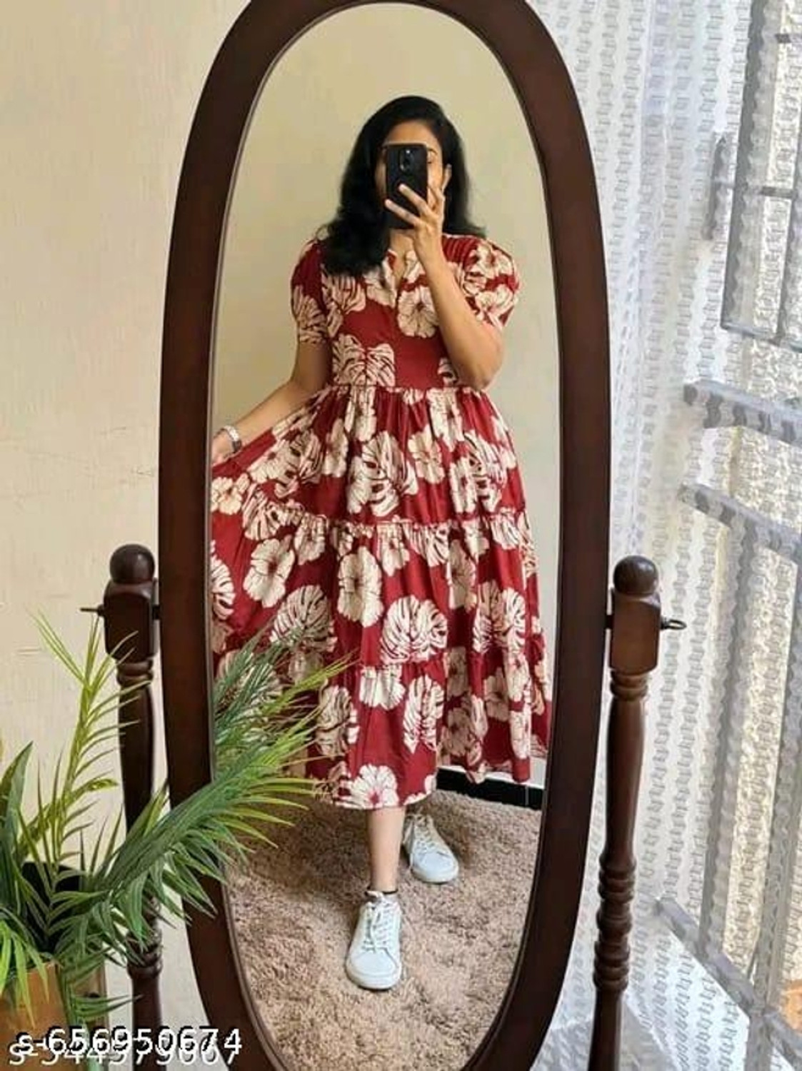 Image of VCJ Floral Print Pure Cotton Flared Kurta for Women (Red)