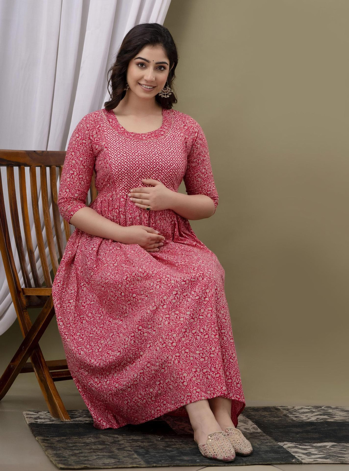 Image of ANUOM Women Fit and Flare Maroon Midi /Calf Length Dress