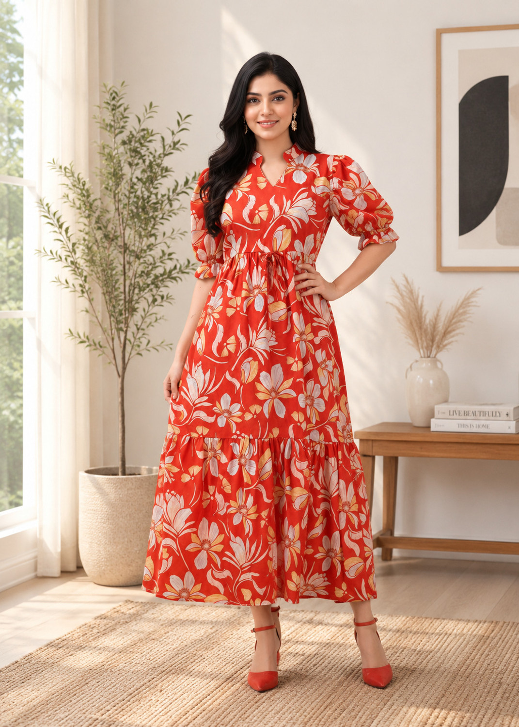 Image of HARIKRISHNA Floral Print Crepe Anarkali Kurta for Women (Green, White)