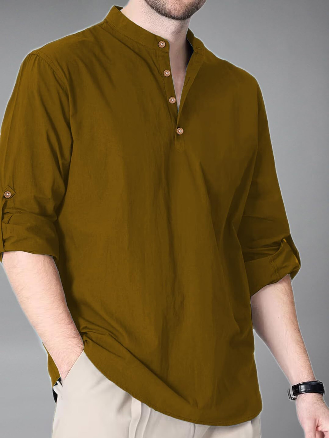 Image of Vashuqi Solid Cotton Blend Straight Kurta for Men (Brown)