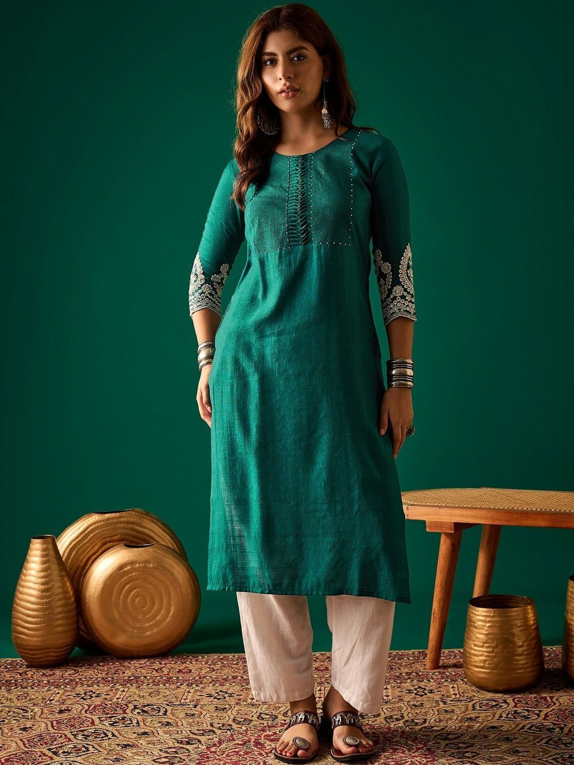 Image of Adab chikan handicraft Self Design Chanderi A-line Kurta for Women (Green)
