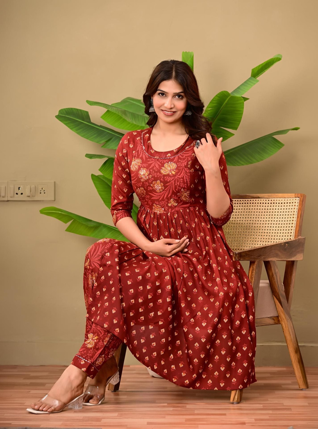 Image of PIROKI Printed Pure Cotton Anarkali Kurta for Women (Blue)
