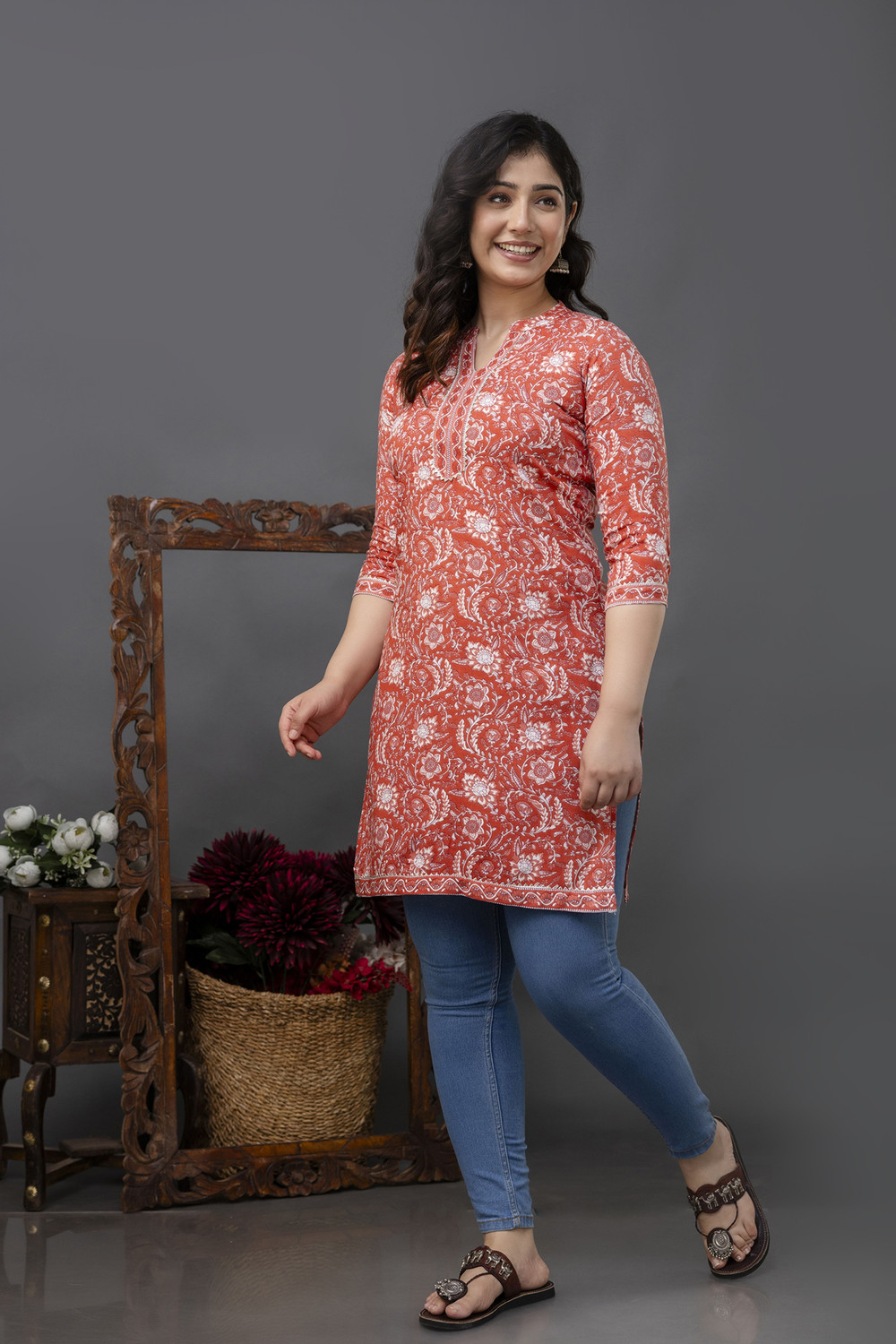 Image of Madfury Printed Pure Cotton Straight Kurta for Women (Red)