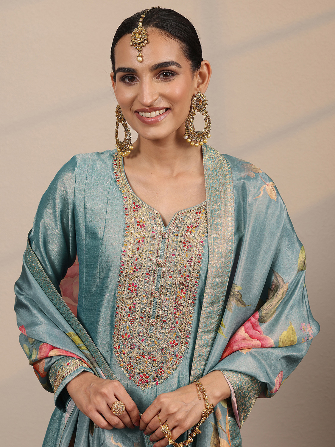 Image of LIBAS Embroidered Silk Blend A-line Kurta for Women With Attached Dupatta (Blue)