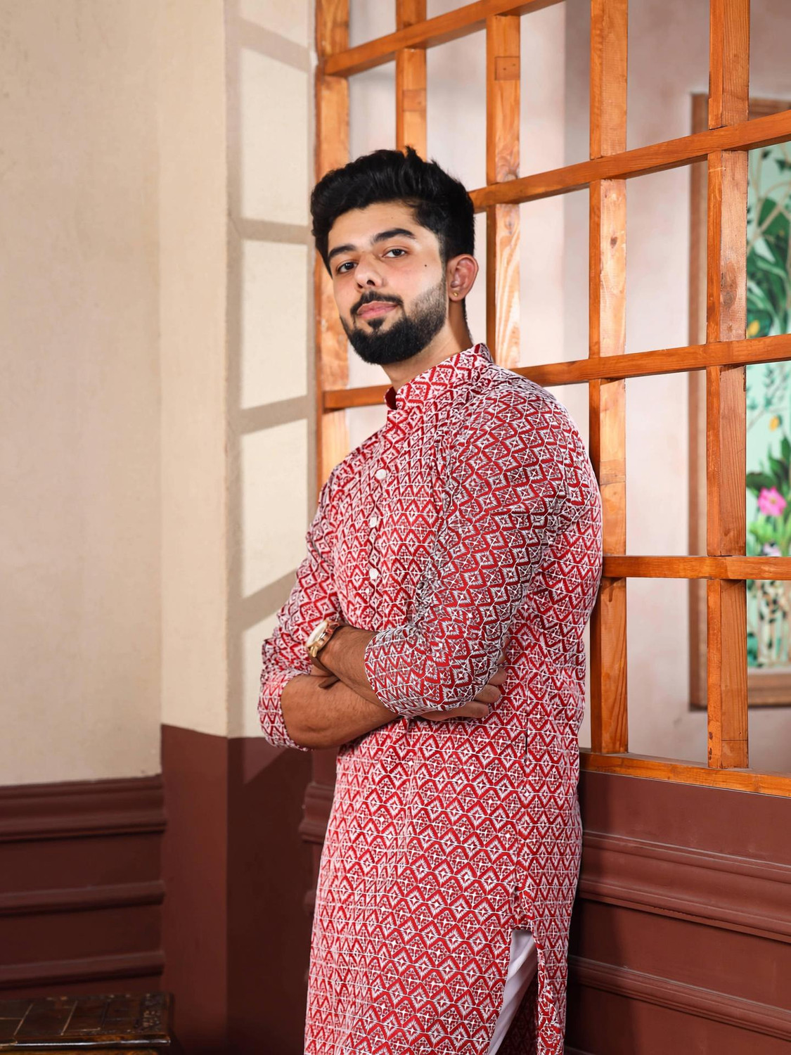 Image of click n buy Embroidered Cotton Blend A-line Kurta for Men (Multicolor)