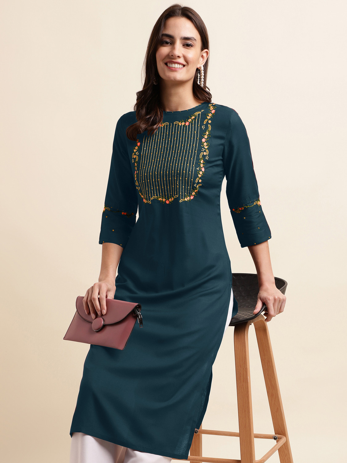 Image of MIRCHI FASHION Embroidered Viscose Rayon Straight Kurta for Women (Black)