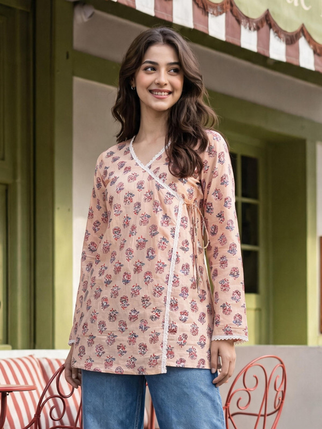 Image of Donne Tenaci Striped, Printed, Embellished Cotton Blend Straight Kurta for Women (Blue)