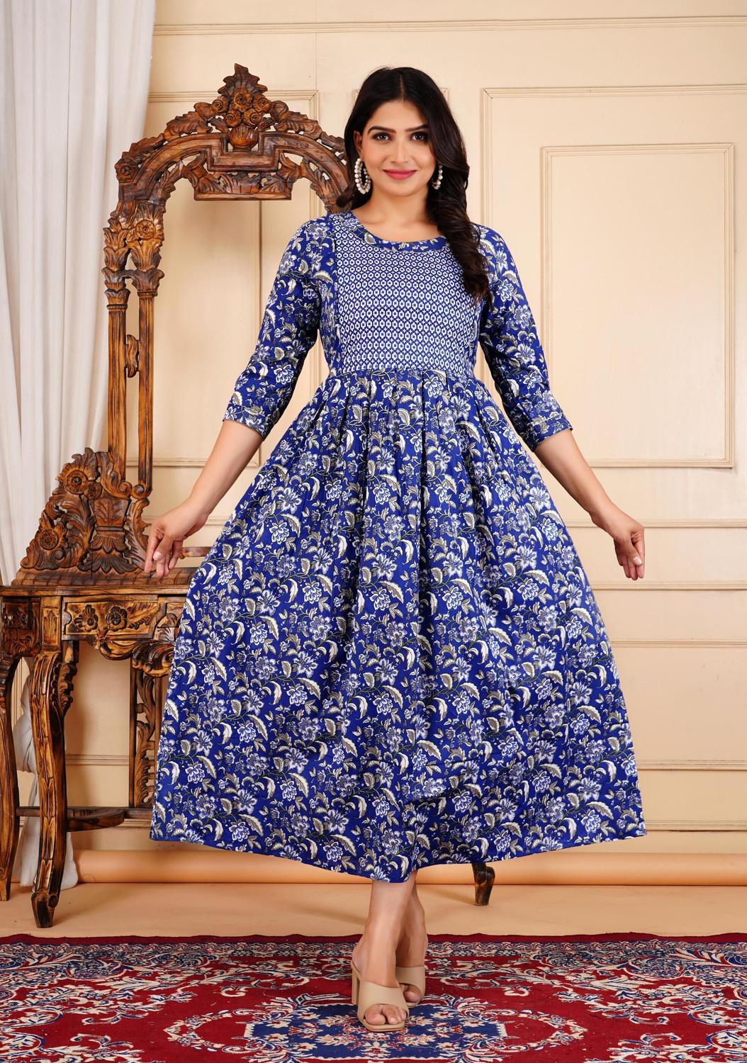 Image of PIROKI Printed Pure Cotton Anarkali Kurta for Women (Blue)