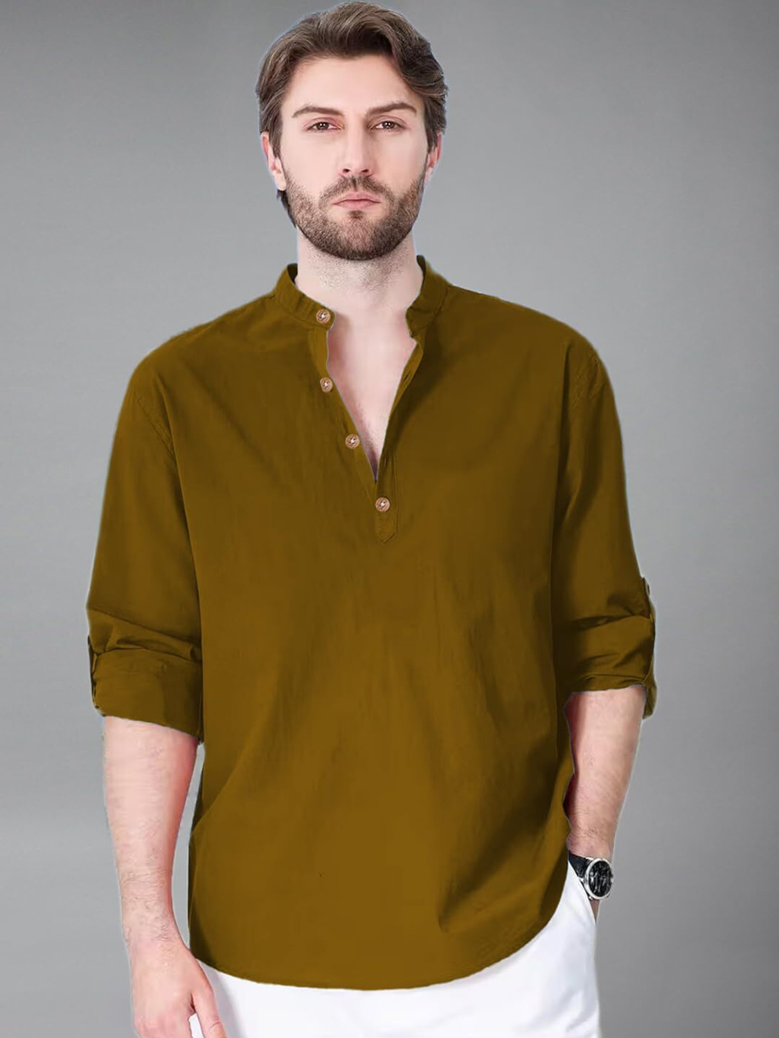 Image of Vashuqi Solid Cotton Blend Straight Kurta for Men (Brown)