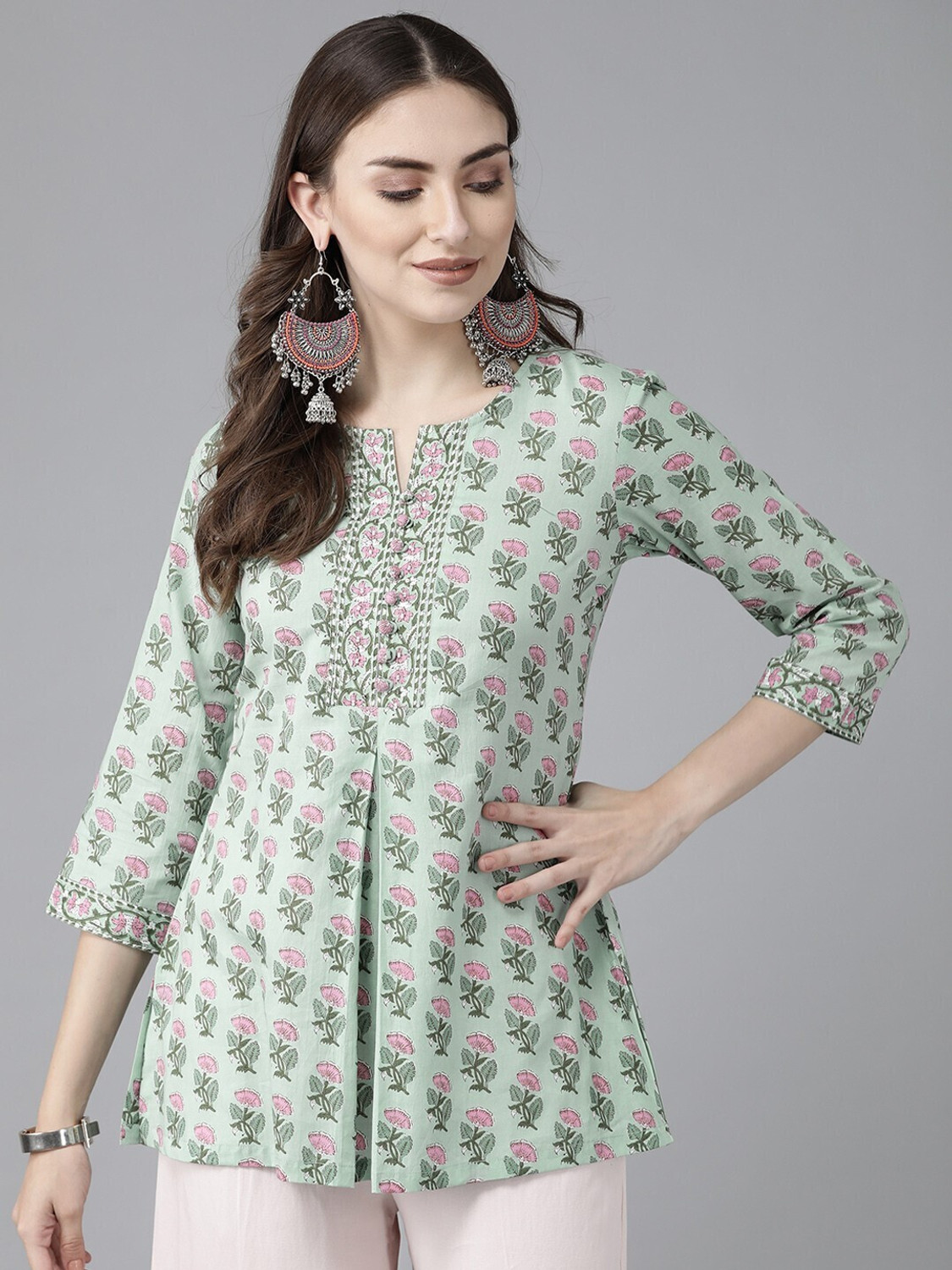 Image of SHAKUDI FASHION Printed Viscose Rayon Straight Kurta for Women (Light Green)