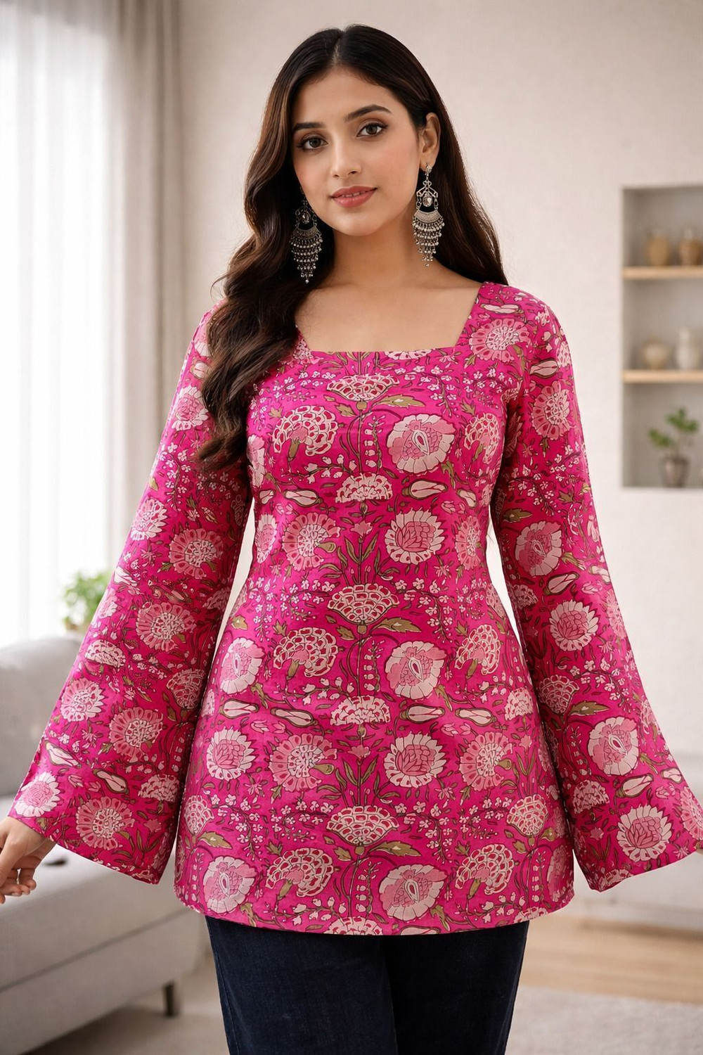 Image of Kurvee Printed Pure Cotton Straight Kurta for Women (Pink)