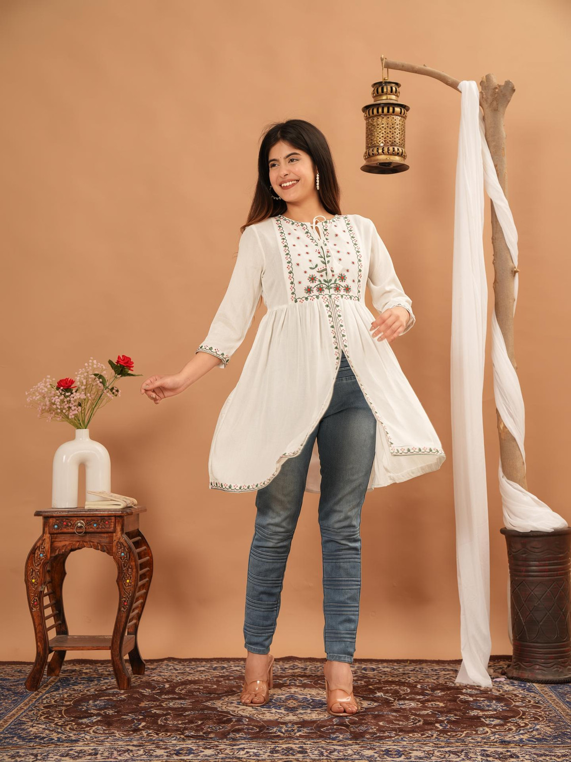 Image of HINGLAJRAJ Floral Print Pure Cotton Flared Kurta for Women (White)