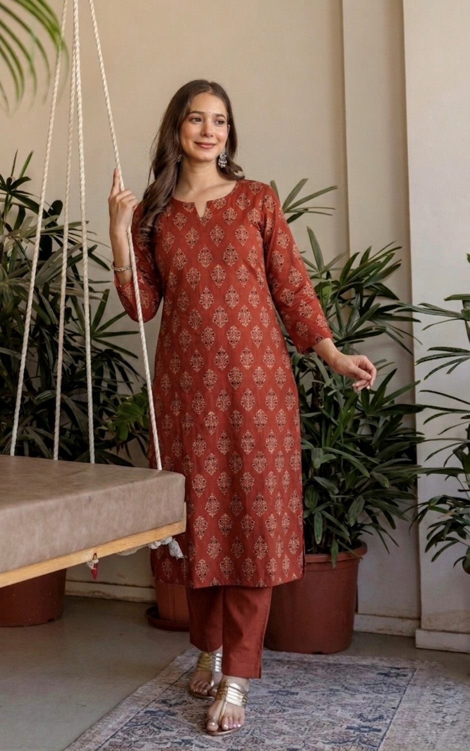 Image of Surhi Pack of 2 Printed Pure Cotton Straight Kurta for Women (Maroon)