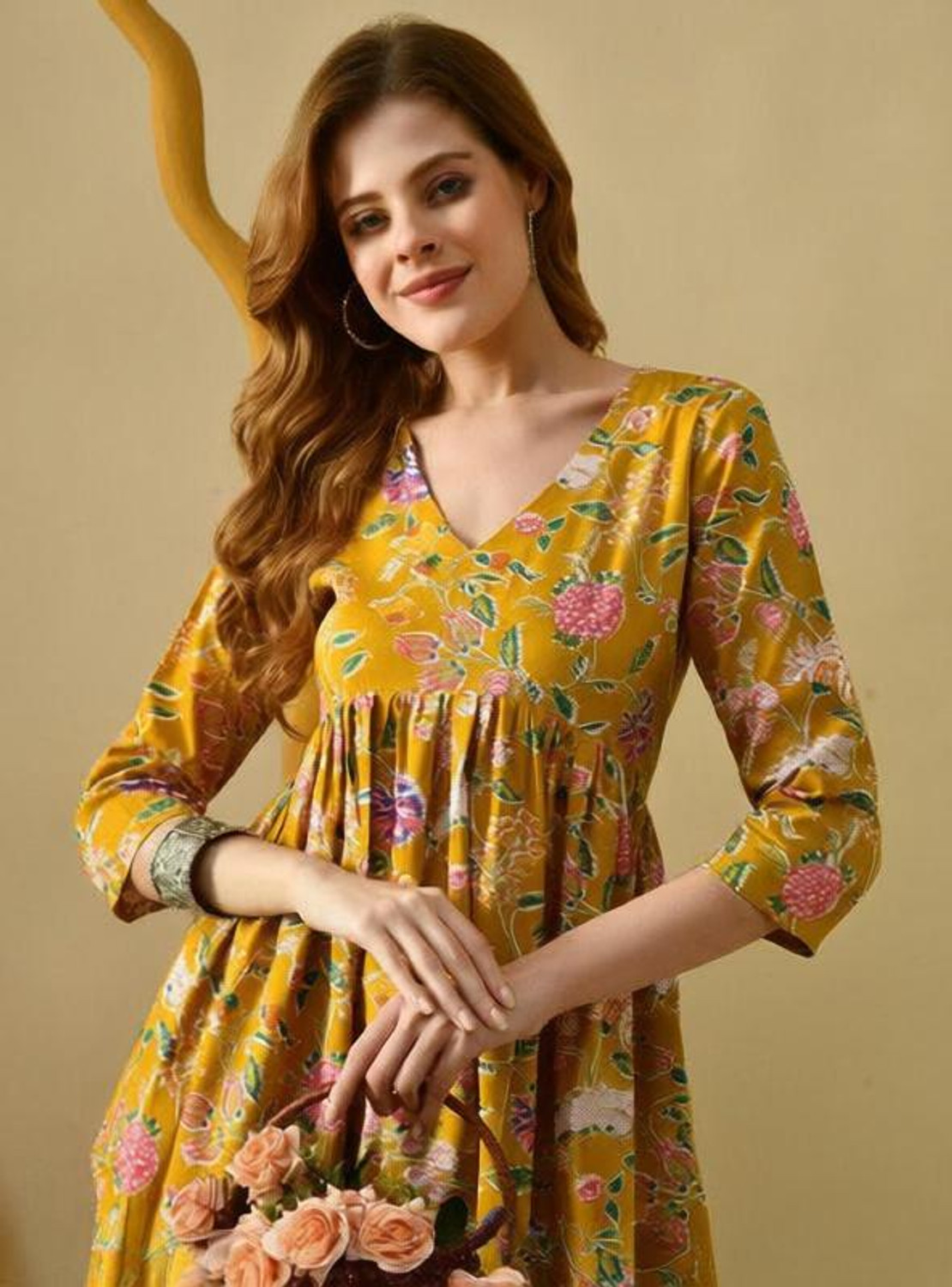 Image of Mialo fashion Floral Print Viscose Rayon Flared Kurta for Women (Yellow)