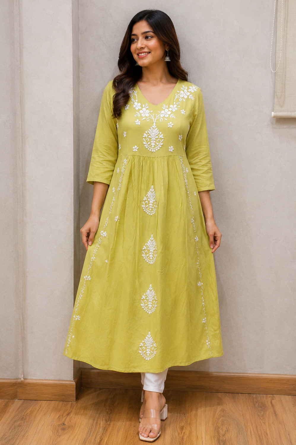 Image of MANRA CREATION Ikat Cotton Rayon Anarkali Kurta for Women (Green)