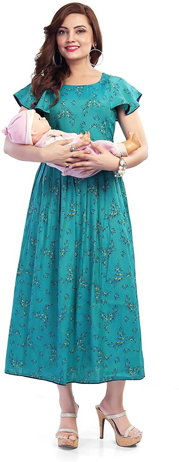Image of sky fab Printed Viscose Rayon Flared Kurta for Women With Attached Dupatta (Light Green)