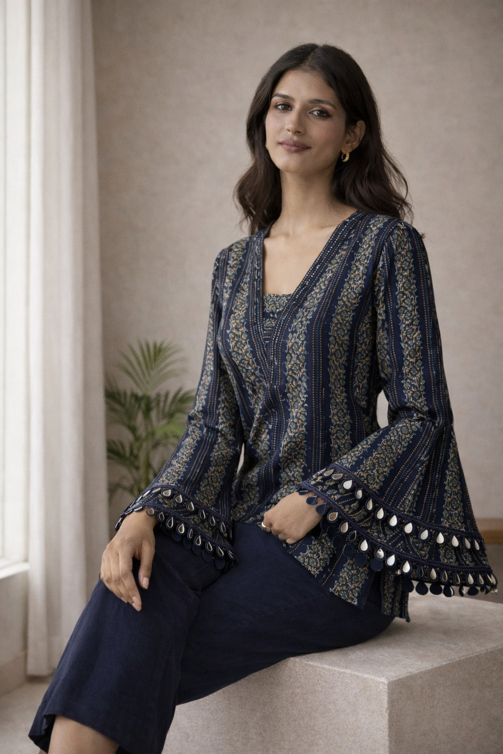 Image of Donne Tenaci Striped, Printed, Embellished Cotton Blend Straight Kurta for Women (Blue)