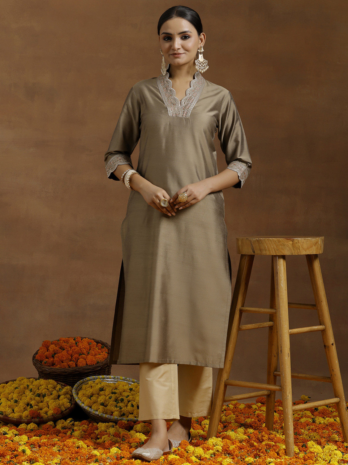 Image of LIBAS Embellished Silk Blend A-line Kurta for Women (Blue)