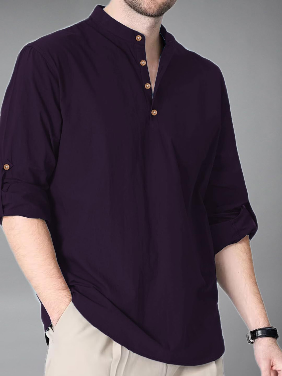 Image of Vashuqi Solid Cotton Blend Straight Kurta for Men (Brown)