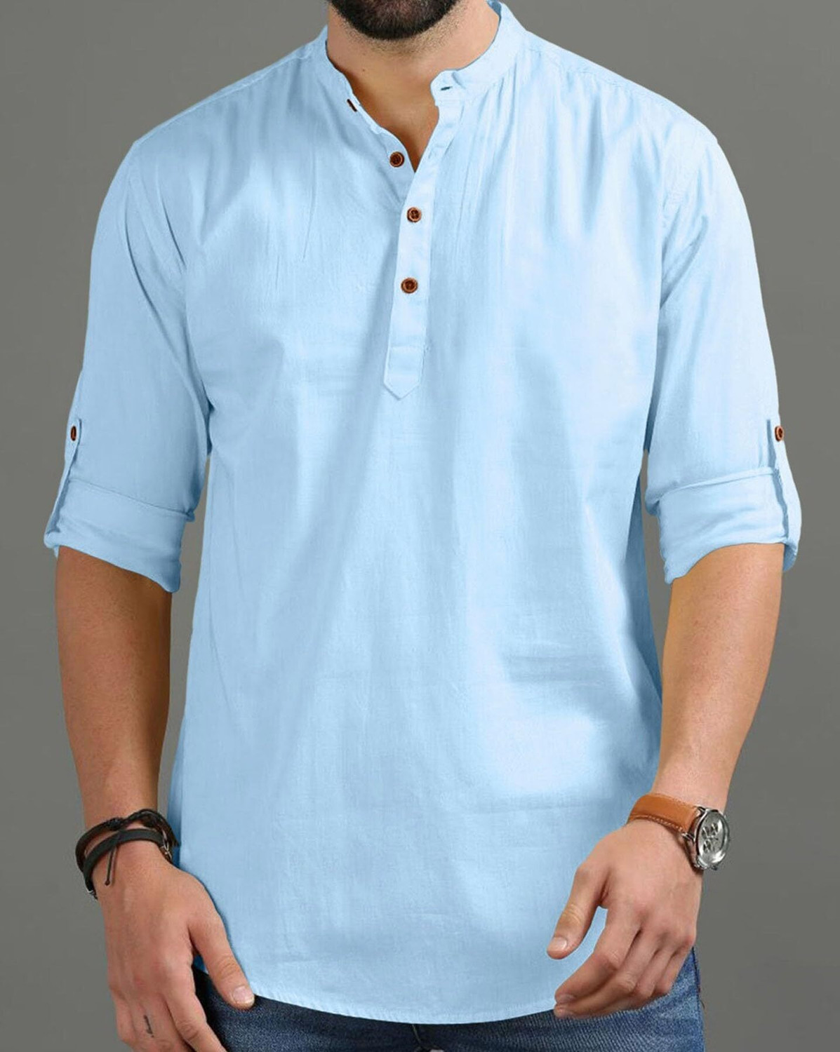 Image of Vashuqi Solid Cotton Blend Straight Kurta for Men (Brown)