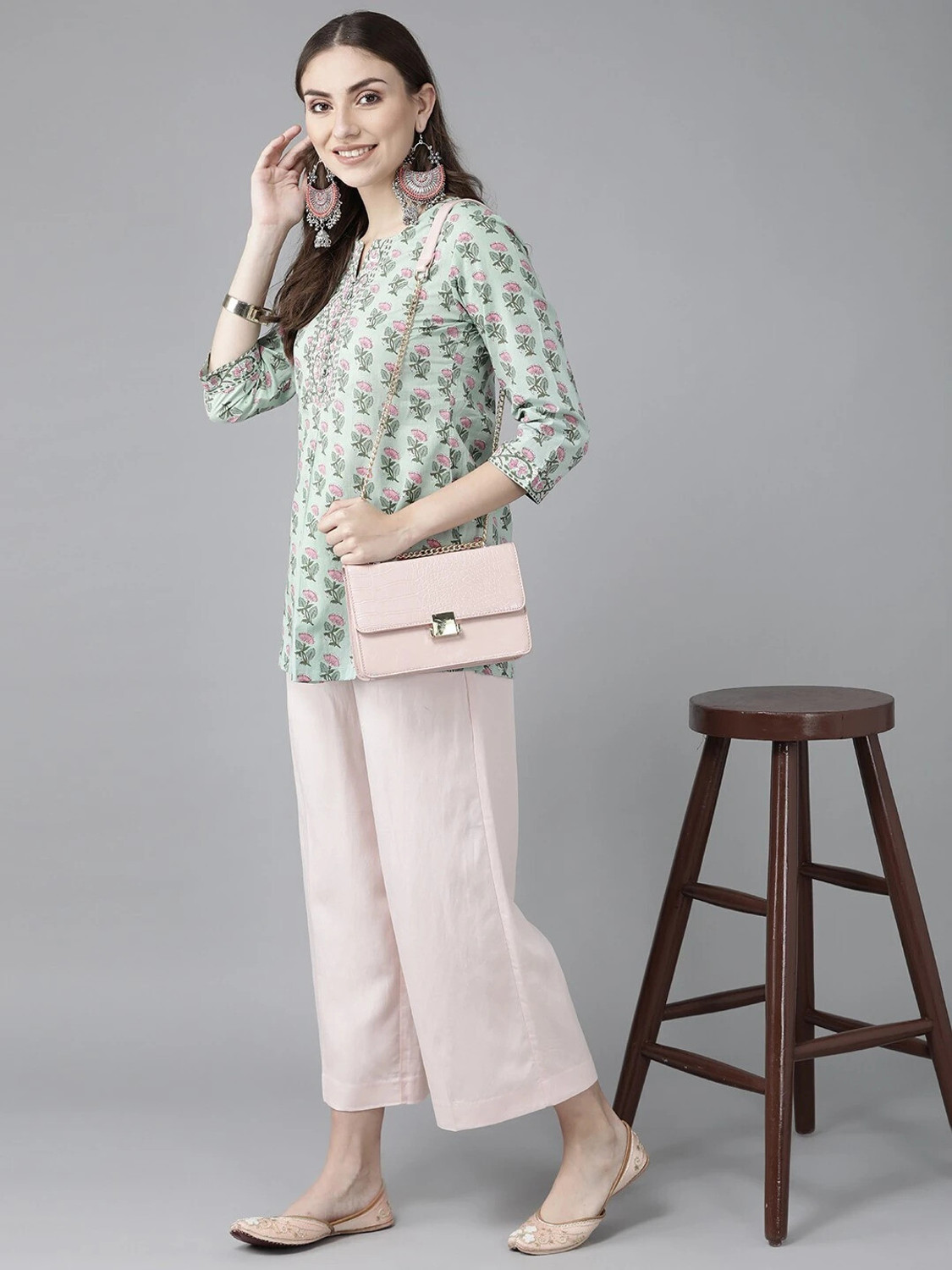 Image of SHAKUDI FASHION Printed Viscose Rayon Straight Kurta for Women (Light Green)