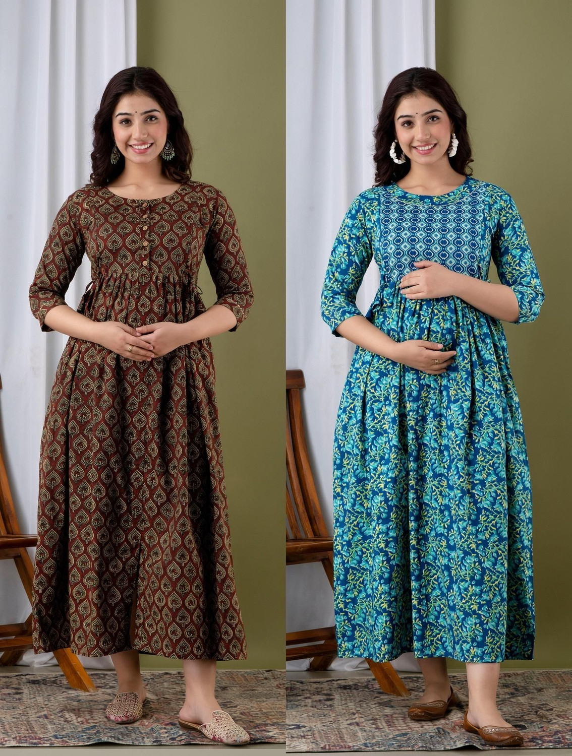 Image of PIROKI Printed Pure Cotton Anarkali Kurta for Women (Blue)