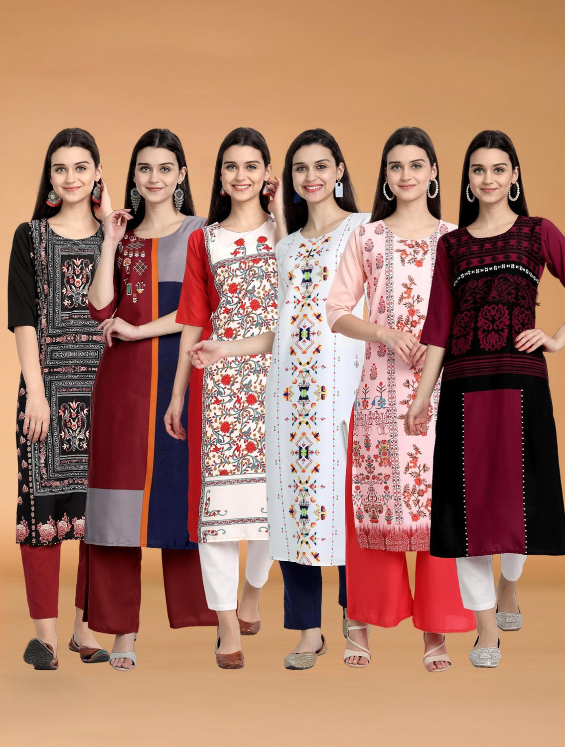 Image of KETAKI FASHION Pack of 6 Printed Polyester Straight Kurta for Women (Multicolor)