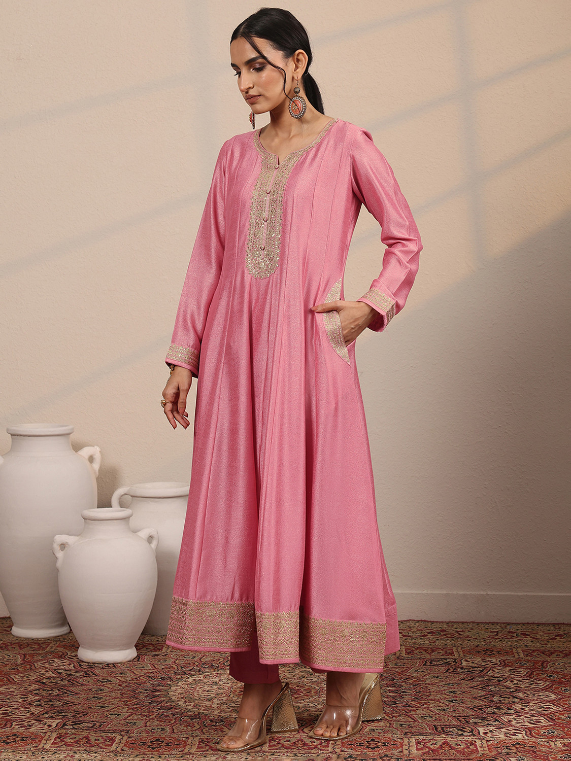 Image of LIBAS Embellished Silk Blend A-line Kurta for Women (Blue)