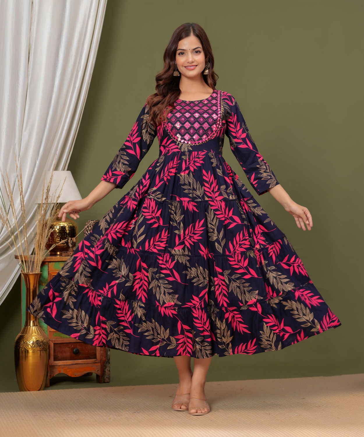 Image of Asad Embroidered Cotton Blend Straight Kurta for Women (Blue)