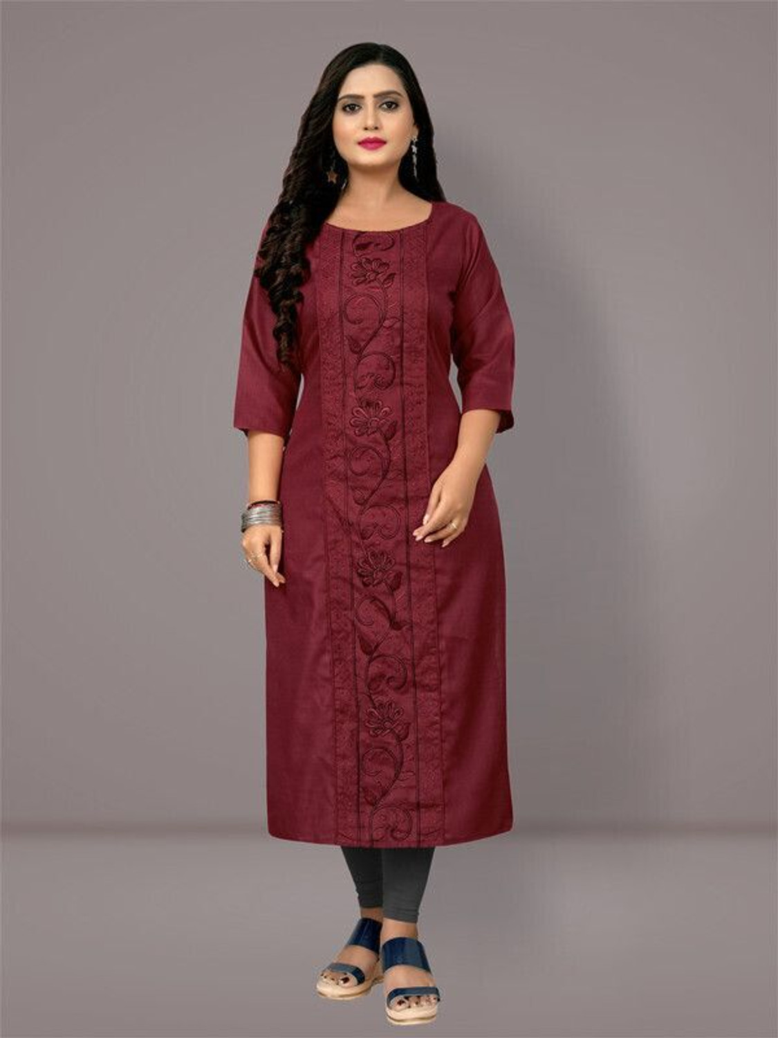 Image of Fabriza Embroidered Cotton Blend A-line Kurta for Women (Light Green)