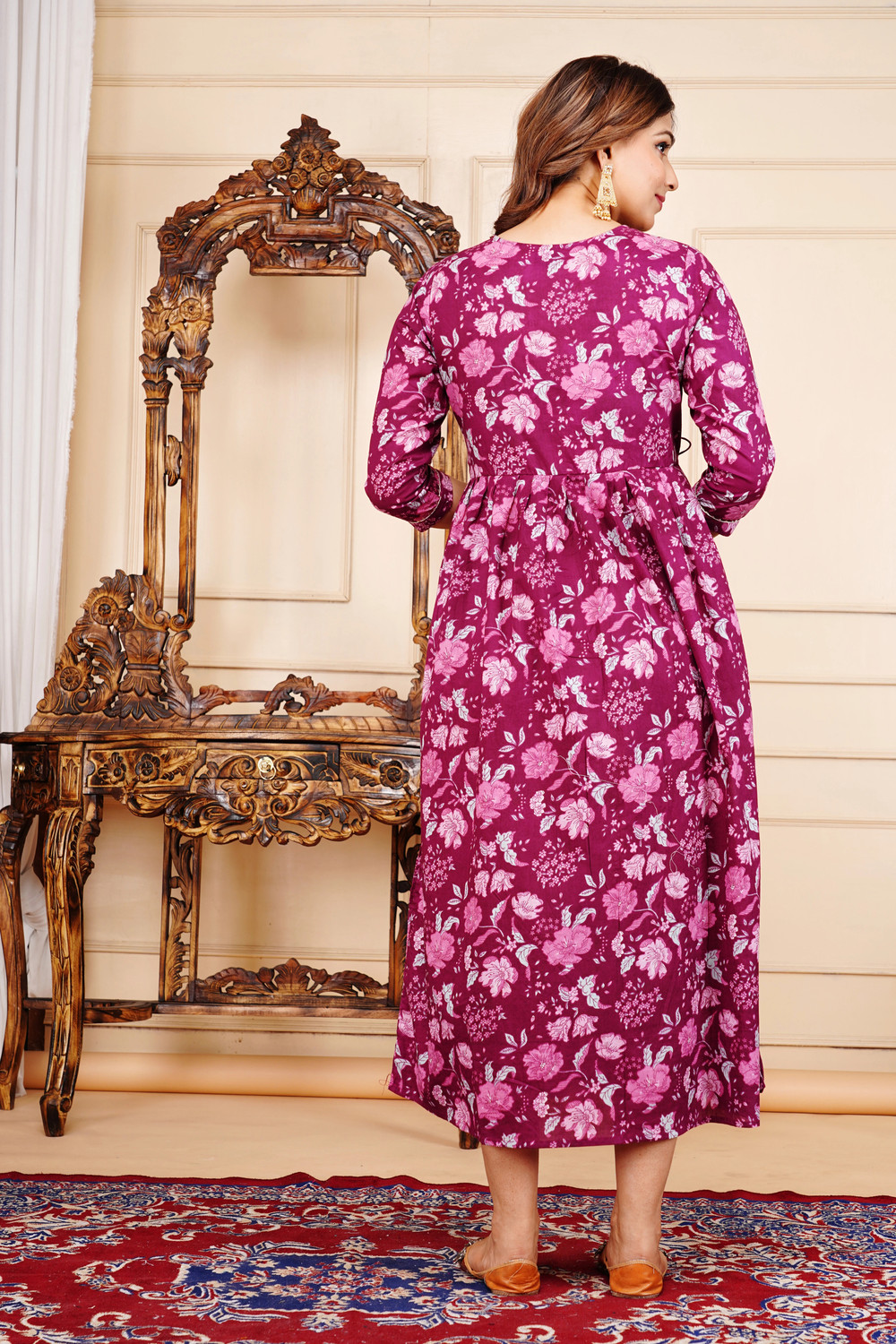 Image of PIROKI Printed Pure Cotton Anarkali Kurta for Women (Maroon)