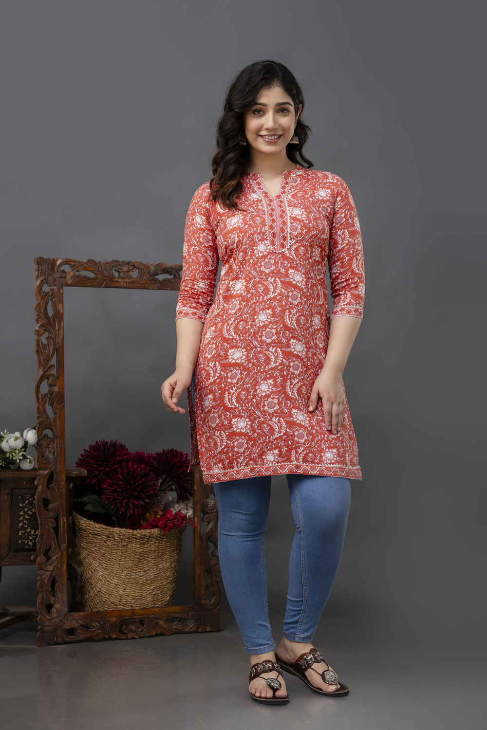 Image of Madfury Printed Pure Cotton Straight Kurta for Women (Red)
