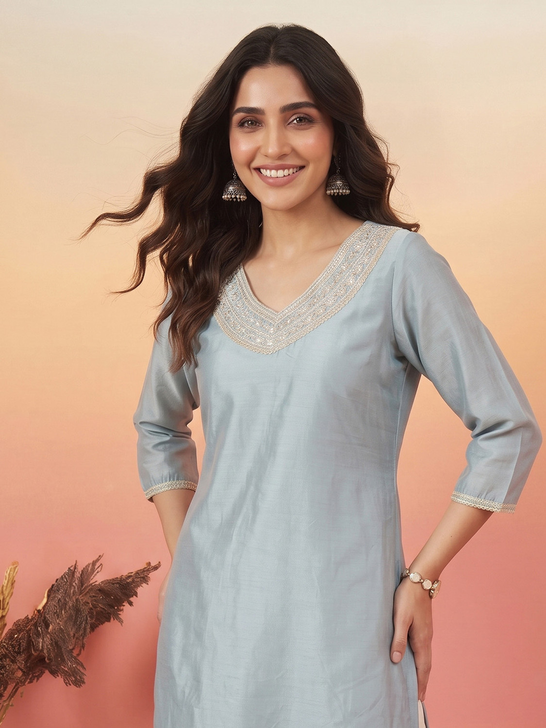 Image of LIBAS Embroidered Silk Blend A-line Kurta for Women With Attached Dupatta (Blue)