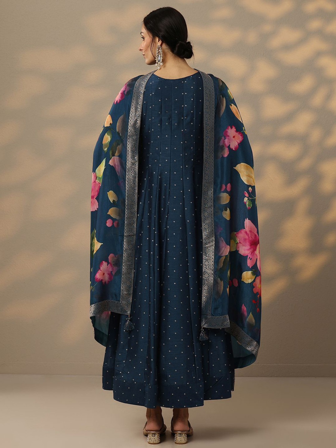 Image of LIBAS Embellished Silk Blend A-line Kurta for Women (Blue)