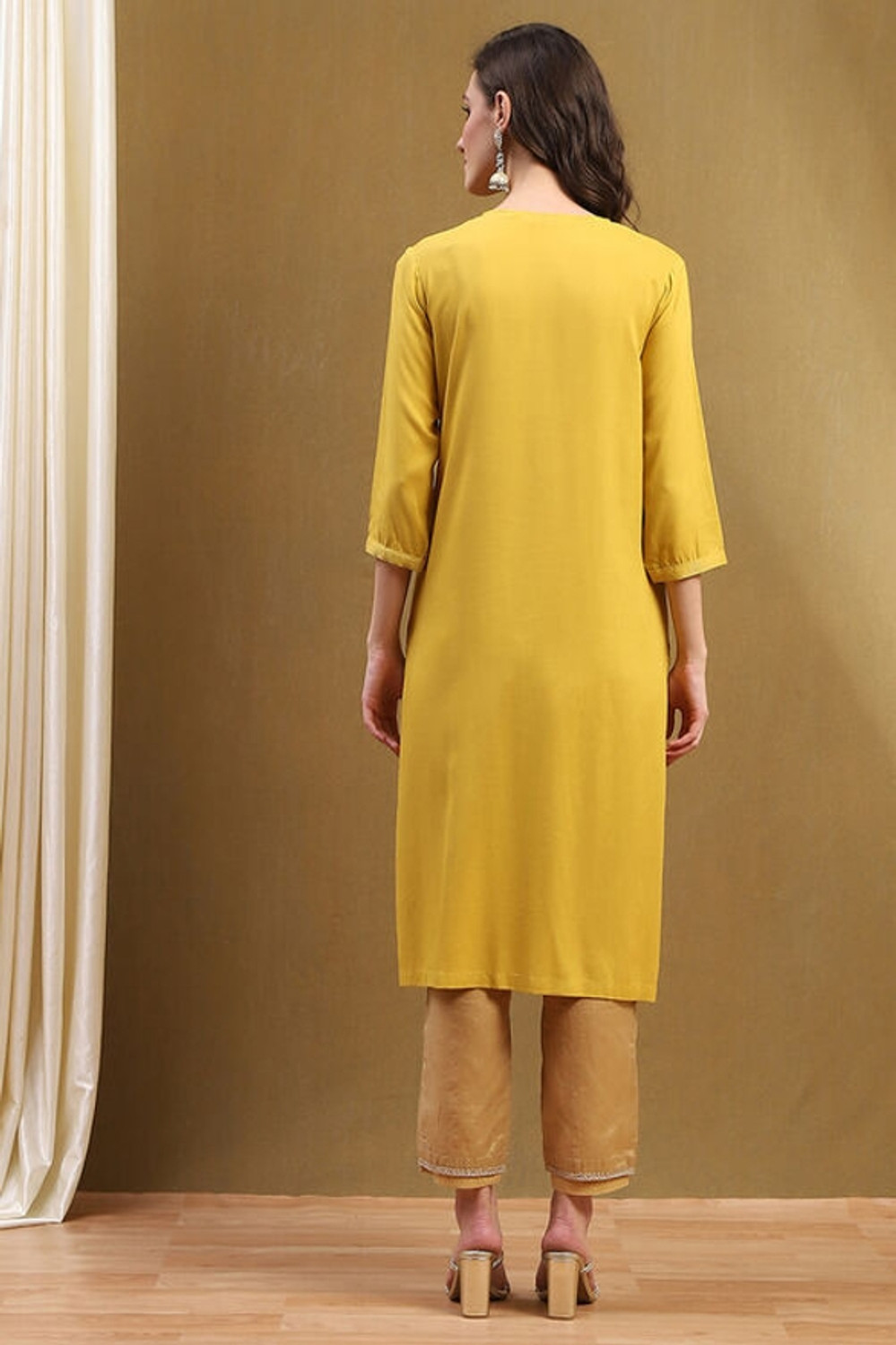 Image of BIBA Solid Viscose Rayon Straight Kurta for Women (Yellow)