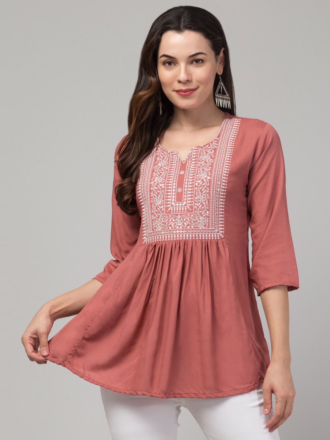 Image of PANCHHIRAJ TEXTILE Floral Print Cotton Blend Straight Kurta for Women (White, Brown)