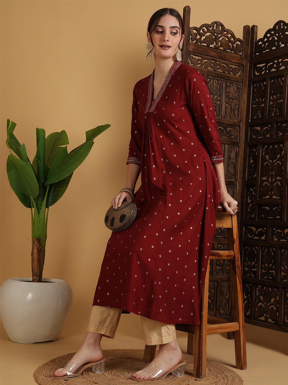 Image of LIBAS Embellished Silk Blend A-line Kurta for Women (Blue)