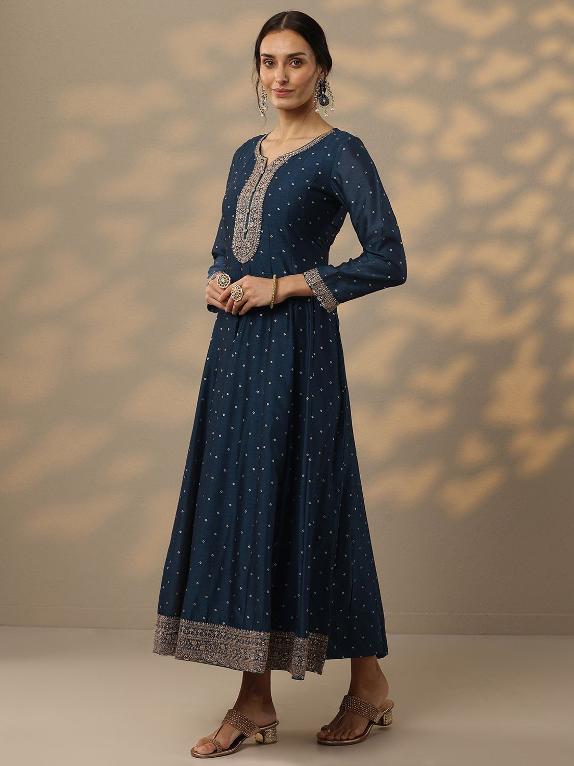 Image of LIBAS Embellished Silk Blend A-line Kurta for Women (Blue)