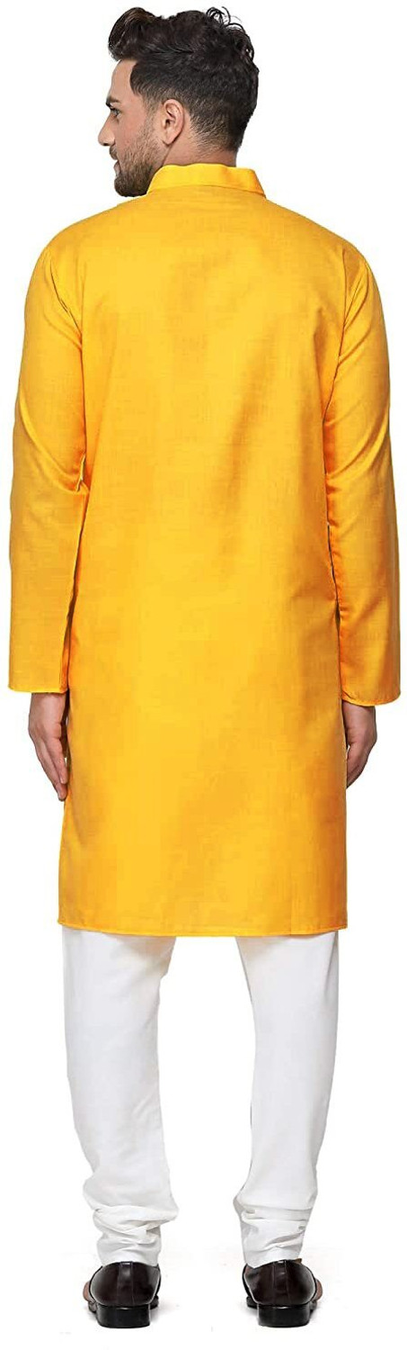 Image of Ethnic Corner Solid Cotton Blend Straight Kurta for Men (Yellow)