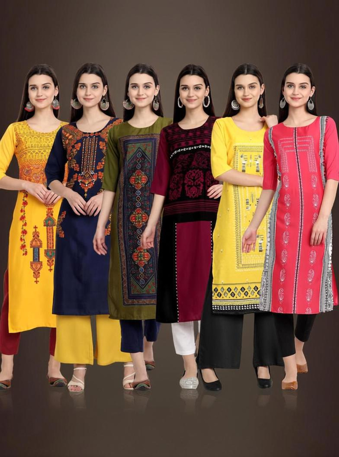 Image of KETAKI FASHION Pack of 6 Printed Polyester Straight Kurta for Women (Multicolor)