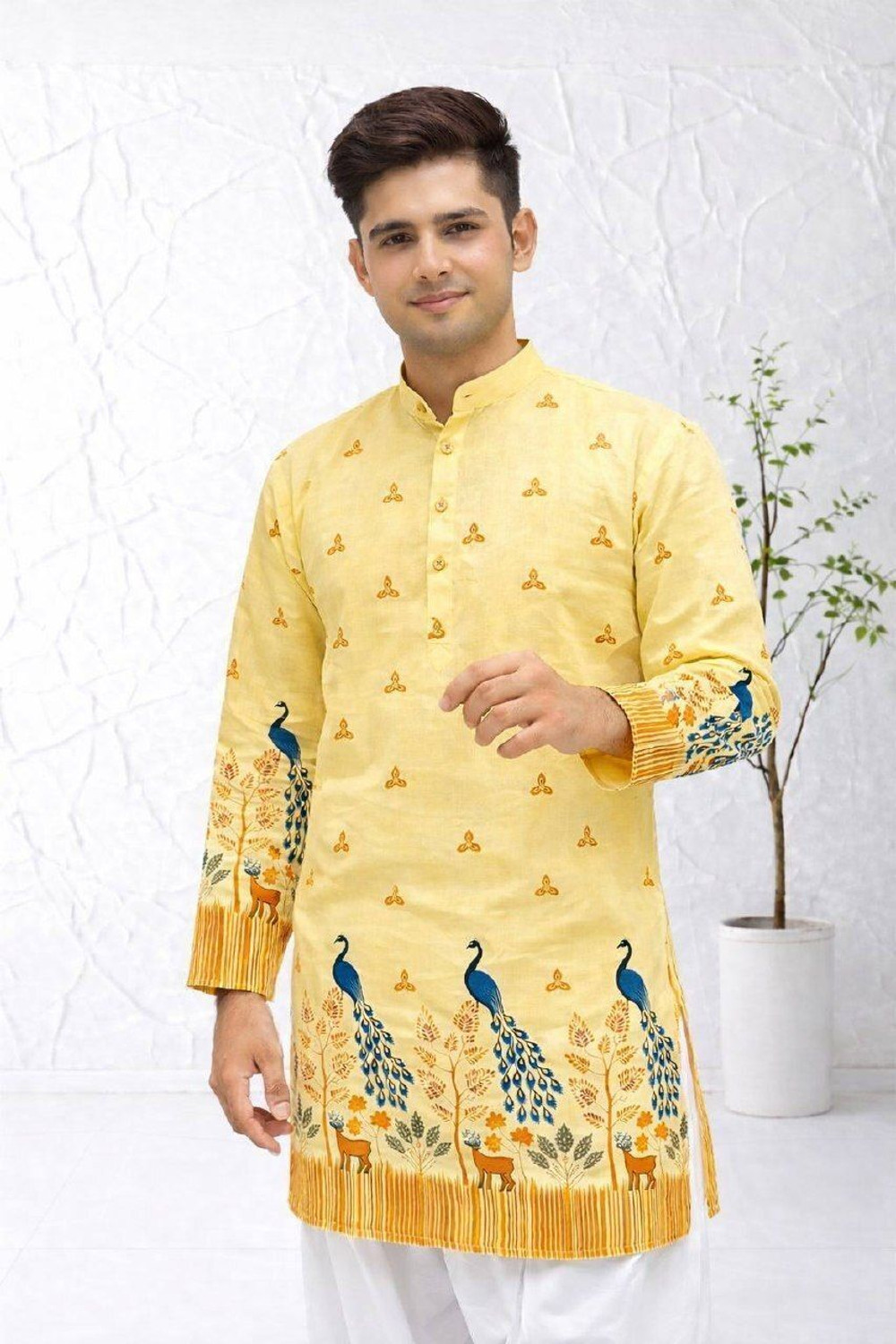 Image of aradhna emporium Printed, Floral Print Pure Cotton Straight Kurta for Men (Yellow)
